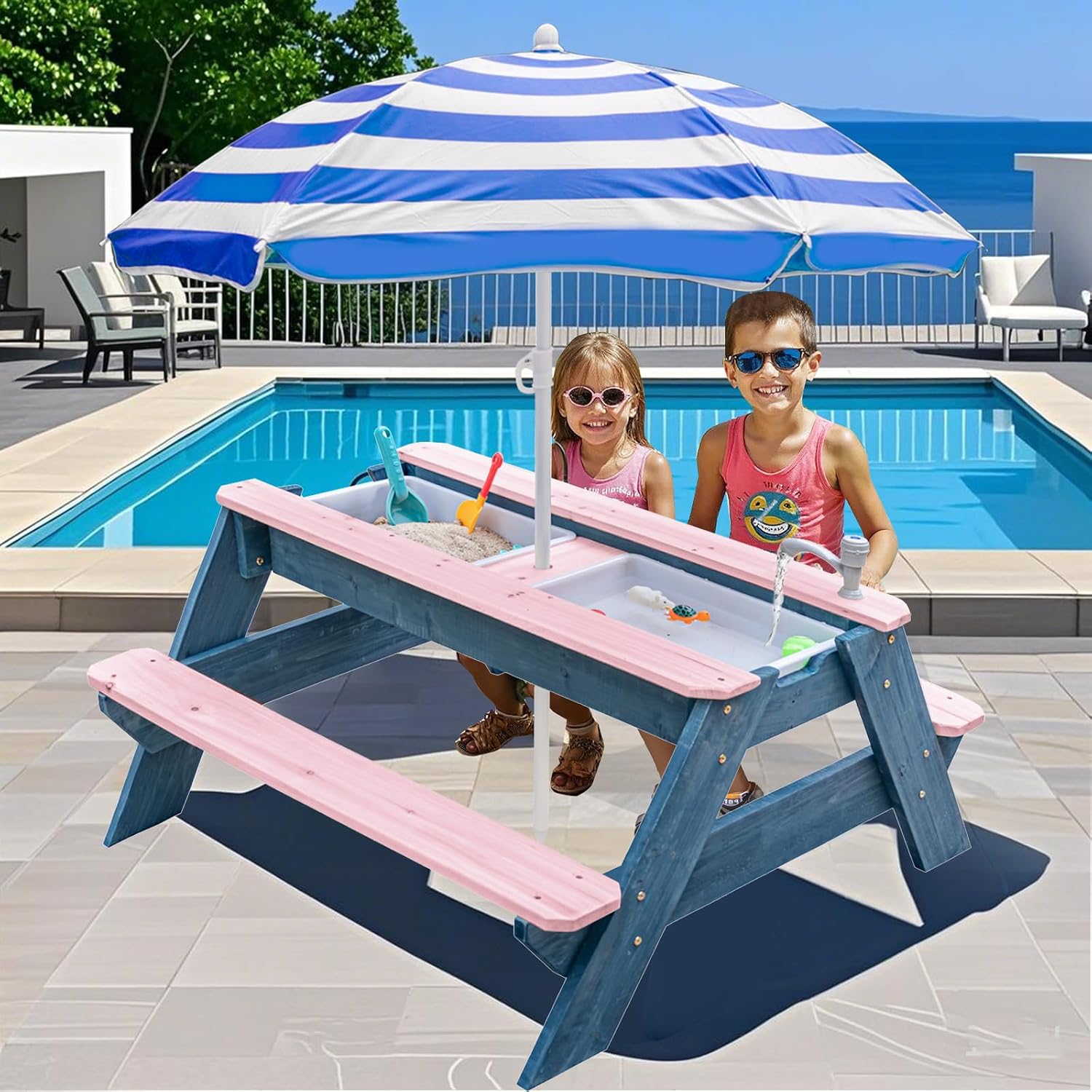 طاولة أطفال 3 في 1 للرمل والما - مراجعة Kids Outdoor Table With Umbrella وسعره