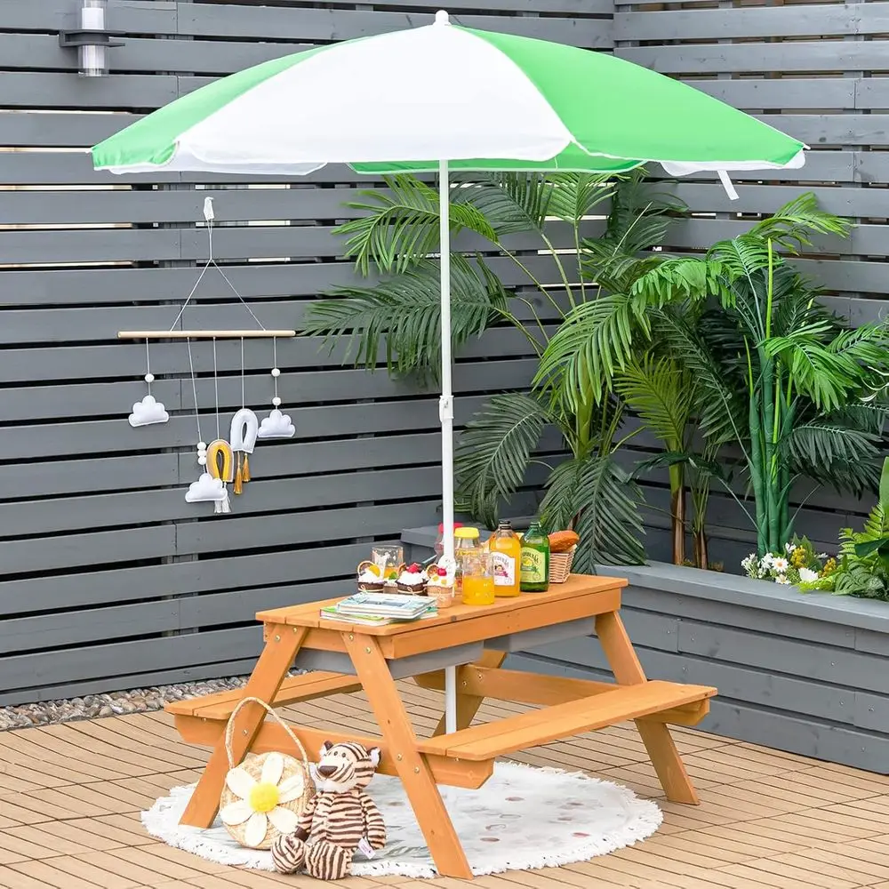 طاولة نزهة خشبية 4 في 1 للرمل  - مراجعة Kids Outdoor Table With Umbrella وسعره