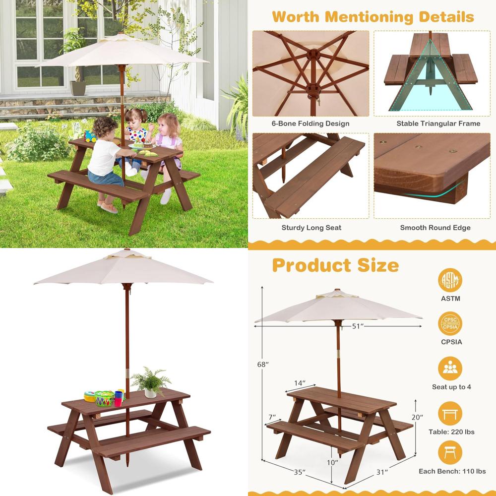 طاولة نزهة خشبية متينة للأطفال - مراجعة Kids Outdoor Table With Umbrella وسعره